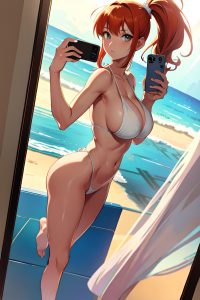 anime,skinny,huge boobs,70s age,seductive face,ginger,ponytail hair style,light skin,mirror selfie,beach,side view,jumping,partially nude