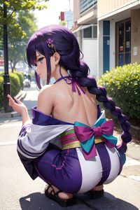 anime,busty,small tits,70s age,serious face,purple hair,braided hair style,light skin,black and white,club,back view,squatting,kimono