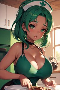anime,busty,huge boobs,50s age,shocked face,green hair,pixie hair style,dark skin,vintage,club,front view,cooking,nurse
