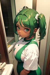 anime,chubby,small tits,50s age,serious face,green hair,pigtails hair style,dark skin,film photo,bathroom,close-up view,jumping,latex