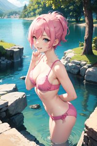 anime,busty,small tits,18 age,happy face,pink hair,pixie hair style,light skin,illustration,lake,side view,gaming,bra