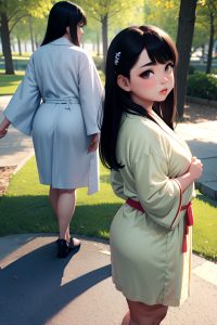 anime,chubby,small tits,80s age,pouting lips face,black hair,straight hair style,light skin,3d,forest,back view,gaming,bathrobe