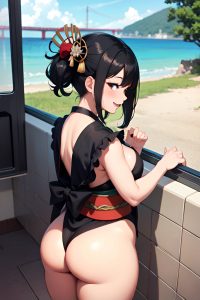 anime,chubby,small tits,70s age,laughing face,black hair,pixie hair style,dark skin,charcoal,train,back view,on back,geisha