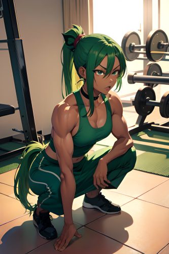 anime,muscular,small tits,30s age,angry face,green hair,ponytail hair style,dark skin,film photo,gym,front view,squatting,maid