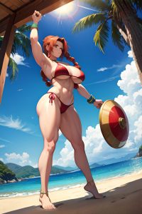 anime,muscular,huge boobs,30s age,angry face,ginger,braided hair style,light skin,warm anime,stage,front view,on back,bikini