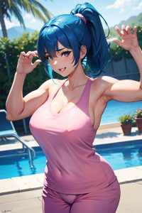 anime,muscular,huge boobs,20s age,happy face,blue hair,ponytail hair style,light skin,watercolor,pool,front view,jumping,pajamas