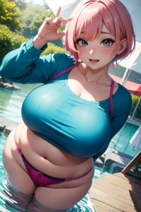 anime,chubby,small tits,80s age,ahegao face,pink hair,pixie hair style,light skin,crisp anime,tent,front view,bathing,fishnet