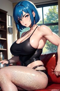 anime,muscular,huge boobs,50s age,serious face,blue hair,bobcut hair style,light skin,illustration,couch,front view,cooking,fishnet