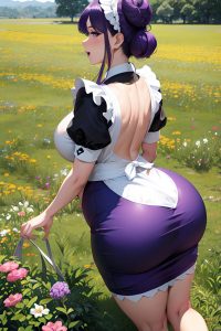anime,pregnant,huge boobs,60s age,ahegao face,purple hair,hair bun hair style,light skin,comic,meadow,back view,spreading legs,maid