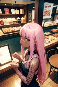 anime,skinny,small tits,60s age,angry face,pink hair,straight hair style,dark skin,film photo,restaurant,side view,t-pose,fishnet
