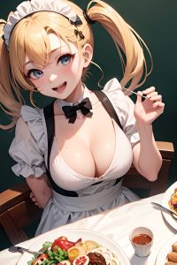 anime,busty,small tits,50s age,laughing face,blonde,pigtails hair style,light skin,skin detail (beta),moon,close-up view,eating,maid