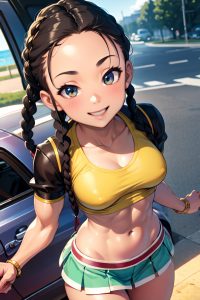 anime,muscular,small tits,40s age,happy face,brunette,braided hair style,light skin,comic,car,close-up view,gaming,mini skirt