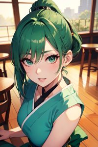 anime,skinny,small tits,50s age,seductive face,green hair,ponytail hair style,light skin,watercolor,cafe,close-up view,gaming,geisha