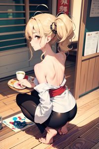 anime,skinny,small tits,50s age,shocked face,blonde,messy hair style,light skin,painting,restaurant,back view,squatting,geisha