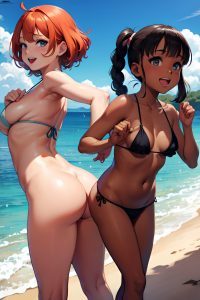 anime,chubby,small tits,50s age,laughing face,ginger,braided hair style,dark skin,dark fantasy,beach,side view,bending over,partially nude