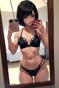 anime,muscular,small tits,40s age,shocked face,black hair,bobcut hair style,light skin,mirror selfie,tent,close-up view,eating,lingerie