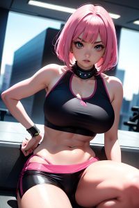 anime,skinny,huge boobs,18 age,serious face,pink hair,bobcut hair style,dark skin,cyberpunk,moon,close-up view,working out,mini skirt