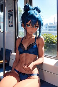 anime,muscular,small tits,18 age,shocked face,blue hair,hair bun hair style,dark skin,crisp anime,train,front view,sleeping,lingerie
