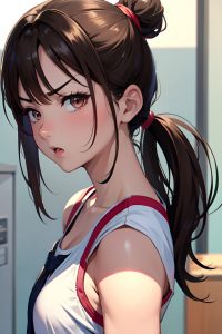 anime,busty,small tits,30s age,angry face,brunette,ponytail hair style,light skin,painting,gym,side view,cumshot,schoolgirl