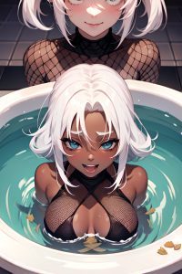 anime,skinny,small tits,80s age,laughing face,white hair,slicked hair style,dark skin,dark fantasy,hot tub,close-up view,eating,fishnet