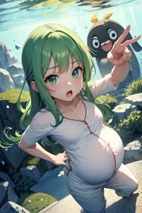 anime,pregnant,small tits,60s age,shocked face,green hair,straight hair style,light skin,black and white,underwater,front view,plank,pajamas