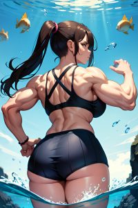 anime,muscular,huge boobs,60s age,angry face,brunette,pigtails hair style,dark skin,illustration,underwater,back view,yoga,schoolgirl