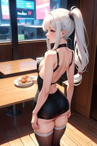 anime,skinny,small tits,18 age,orgasm face,white hair,pigtails hair style,light skin,cyberpunk,restaurant,back view,t-pose,teacher