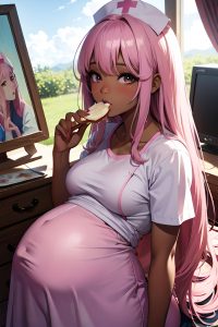 anime,pregnant,small tits,60s age,pouting lips face,pink hair,straight hair style,dark skin,painting,wedding,front view,eating,nurse
