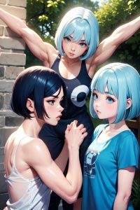 anime,muscular,small tits,60s age,pouting lips face,blue hair,bobcut hair style,light skin,black and white,oasis,front view,jumping,pajamas
