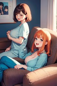 anime,chubby,small tits,60s age,laughing face,ginger,bangs hair style,dark skin,comic,couch,side view,yoga,pajamas