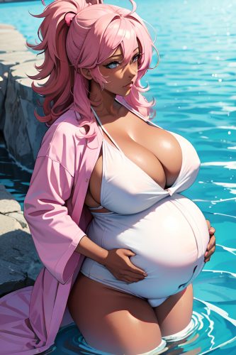 anime,pregnant,huge boobs,80s age,sad face,pink hair,messy hair style,dark skin,comic,yacht,front view,bathing,bathrobe