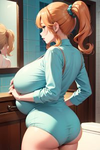 anime,pregnant,huge boobs,50s age,pouting lips face,ginger,pigtails hair style,light skin,illustration,bathroom,back view,plank,lingerie