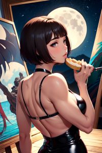 anime,muscular,huge boobs,50s age,pouting lips face,brunette,bobcut hair style,dark skin,painting,moon,back view,eating,latex