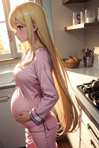 anime,pregnant,small tits,30s age,sad face,blonde,straight hair style,light skin,skin detail (beta),kitchen,side view,on back,pajamas