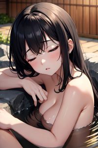 anime,busty,small tits,20s age,shocked face,black hair,bangs hair style,dark skin,soft + warm,onsen,close-up view,sleeping,partially nude