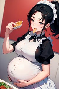 anime,pregnant,huge boobs,50s age,happy face,black hair,ponytail hair style,light skin,watercolor,hospital,close-up view,eating,maid