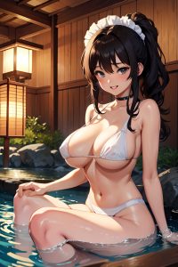 anime,skinny,huge boobs,18 age,laughing face,brunette,messy hair style,dark skin,vintage,onsen,side view,gaming,maid