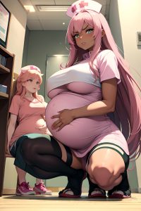 anime,pregnant,huge boobs,70s age,angry face,pink hair,straight hair style,dark skin,soft anime,hospital,front view,squatting,nurse
