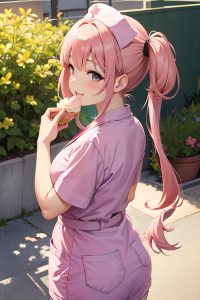 anime,chubby,small tits,20s age,happy face,pink hair,pigtails hair style,light skin,soft + warm,oasis,back view,eating,nurse