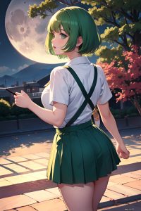anime,chubby,small tits,30s age,seductive face,green hair,bangs hair style,light skin,vintage,moon,back view,jumping,schoolgirl