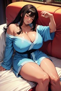 anime,muscular,huge boobs,80s age,happy face,brunette,bangs hair style,dark skin,illustration,couch,front view,sleeping,bathrobe