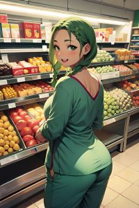 anime,chubby,small tits,20s age,happy face,green hair,braided hair style,light skin,charcoal,grocery,back view,working out,pajamas