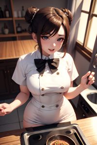anime,busty,small tits,40s age,ahegao face,brunette,hair bun hair style,light skin,3d,bar,front view,cooking,goth