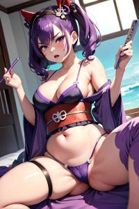 anime,chubby,small tits,60s age,angry face,purple hair,pixie hair style,light skin,charcoal,wedding,close-up view,spreading legs,geisha