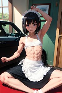 anime,muscular,small tits,30s age,sad face,black hair,bangs hair style,light skin,painting,car,side view,spreading legs,maid