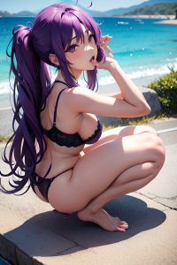 anime,busty,small tits,40s age,ahegao face,purple hair,messy hair style,light skin,skin detail (beta),lake,side view,squatting,bra
