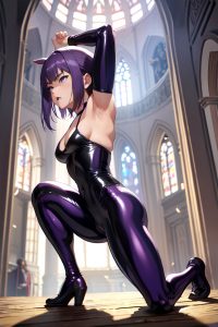 anime,muscular,small tits,70s age,angry face,purple hair,bangs hair style,light skin,charcoal,church,side view,bending over,latex