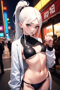 anime,skinny,small tits,50s age,shocked face,white hair,ponytail hair style,light skin,cyberpunk,bar,front view,cumshot,bikini