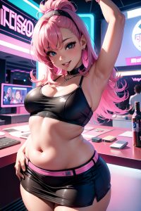 anime,chubby,small tits,80s age,happy face,pink hair,pixie hair style,dark skin,cyberpunk,casino,close-up view,gaming,mini skirt
