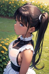anime,busty,small tits,50s age,serious face,black hair,pigtails hair style,dark skin,dark fantasy,meadow,side view,on back,maid